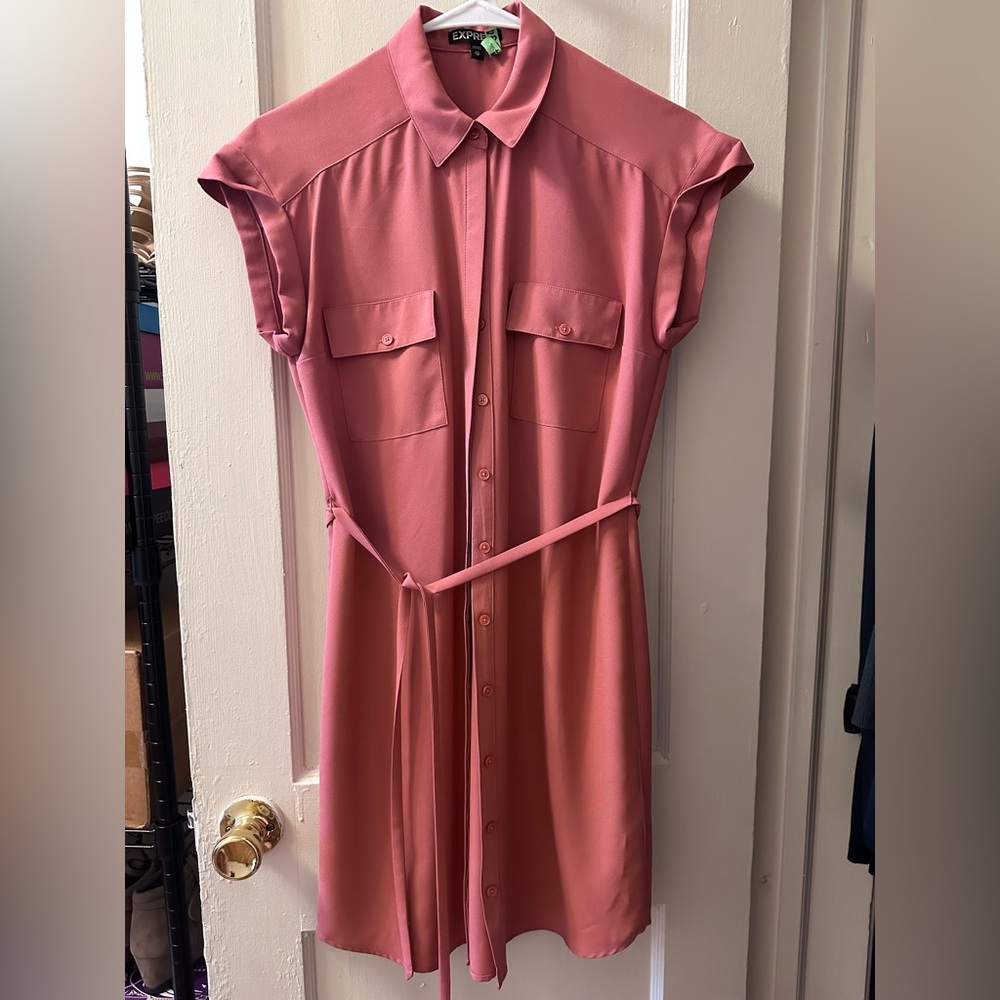 Express Pink Midi Shirt Dress with Cap Sleeves